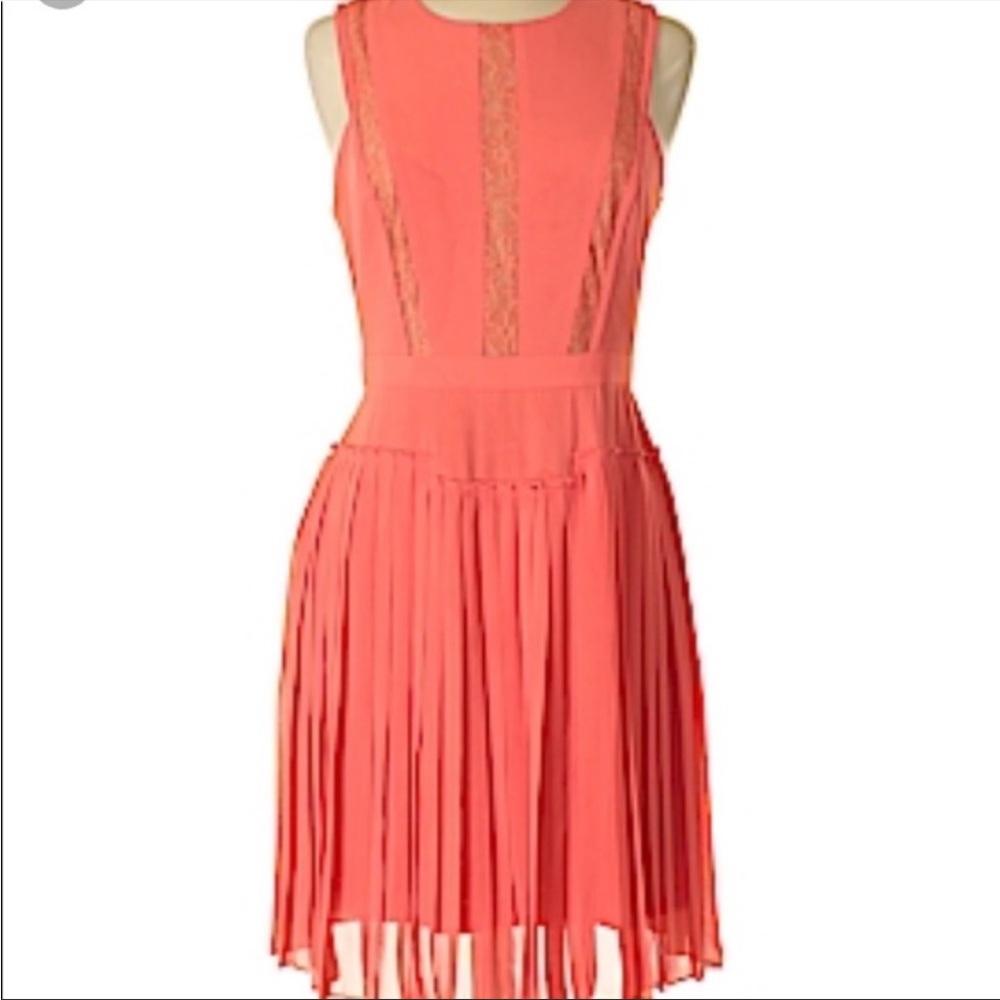 BCBGMaxAzaria Faythe Lace Panel Beige Lined Pleated Dress